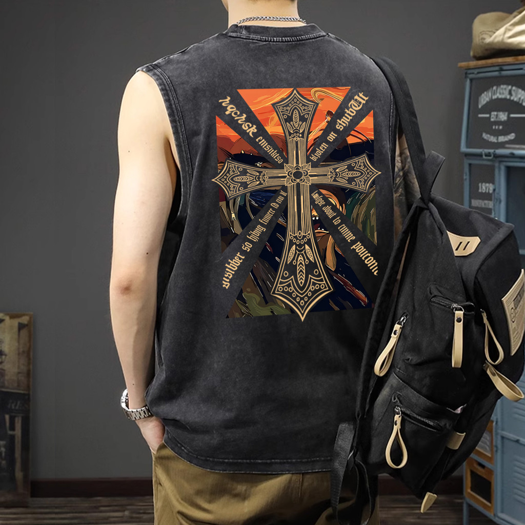 Y-T🐻เสื้อยืดชาย เสื้อกล้าม แขนกุด สวมใส่สบาย ผ้าฝ้าย100% คุณภาพสูง ลาย "Crucifix" ไม่ต้องรีดผ้า สไตล์ลำลอง