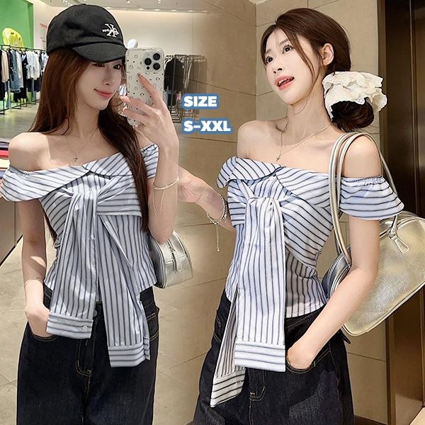 mimi&didi#เสื้อสายเดี่ยวลายทางสีน้ำเงิน ในฤดูร้อนพร้อมดีไซน์สายรัดและเสื้อเชิ้ตครอปแขนสั้นทรงเข้ารูป สำหรับผู้หญิง#99131