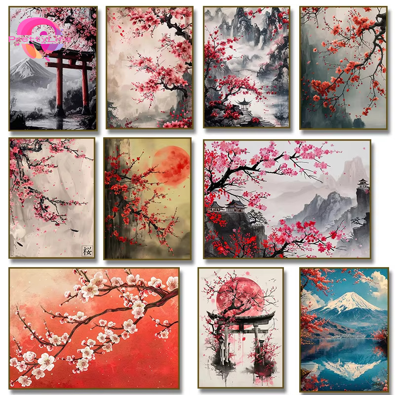 PLVintage Japanese Cherry Blossom 5D DIY ภาพวาดเพชร/ภาพสีน้ํามันดิจิตอลคริสตัลปักครอสติสเพชรโมเสคชุดเย็บปักถักร้อย Rhinestone ตกแต่งบ้าน