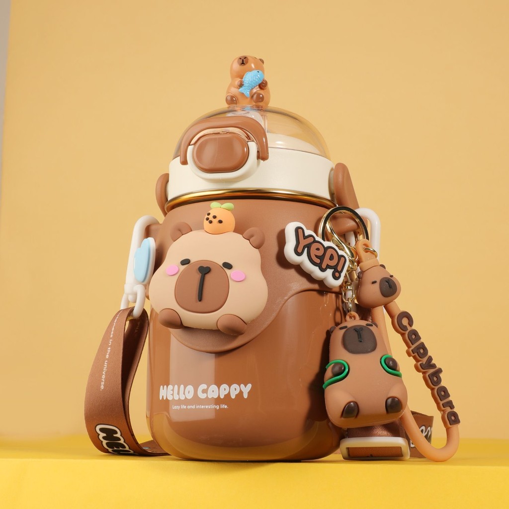 กระติกน้ำสแตนเลส 316 ลาย Capybara พร้อมสายสะพาย – ขวดน้ำเก็บอุณหภูมิน่ารักพกพาสำหรับเด็ก