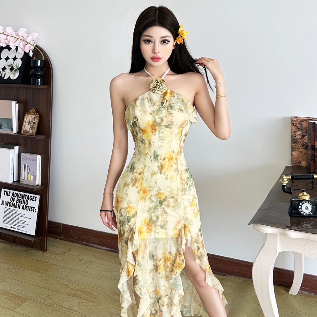 Kliou 3D ดอกไม้ Halter ชุด Sfumato Ribbons ออกแบบสบาย Breathable ฤดูร้อนผู้หญิงฮาวายสไตล์วันหยุด