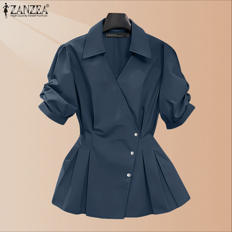 ZANZEA เสื้อเชิ้ตแขนสั้นสไตล์เกาหลี สำหรับผู้หญิง แบบคอวีติดกระดุม - รูปที่ 3