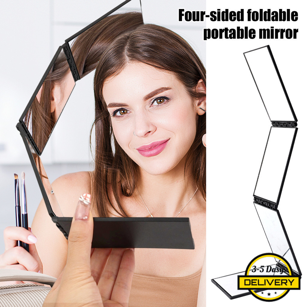 [3-5 วันมาถึง]กรอบ หน้าท้อง กระจกพกพา 4 พับกระจกเครื่องสําอางบางเฉียบสําหรับเดินทาง/แต่งหน้าพื้นผิวกระจกแตกทนทาน