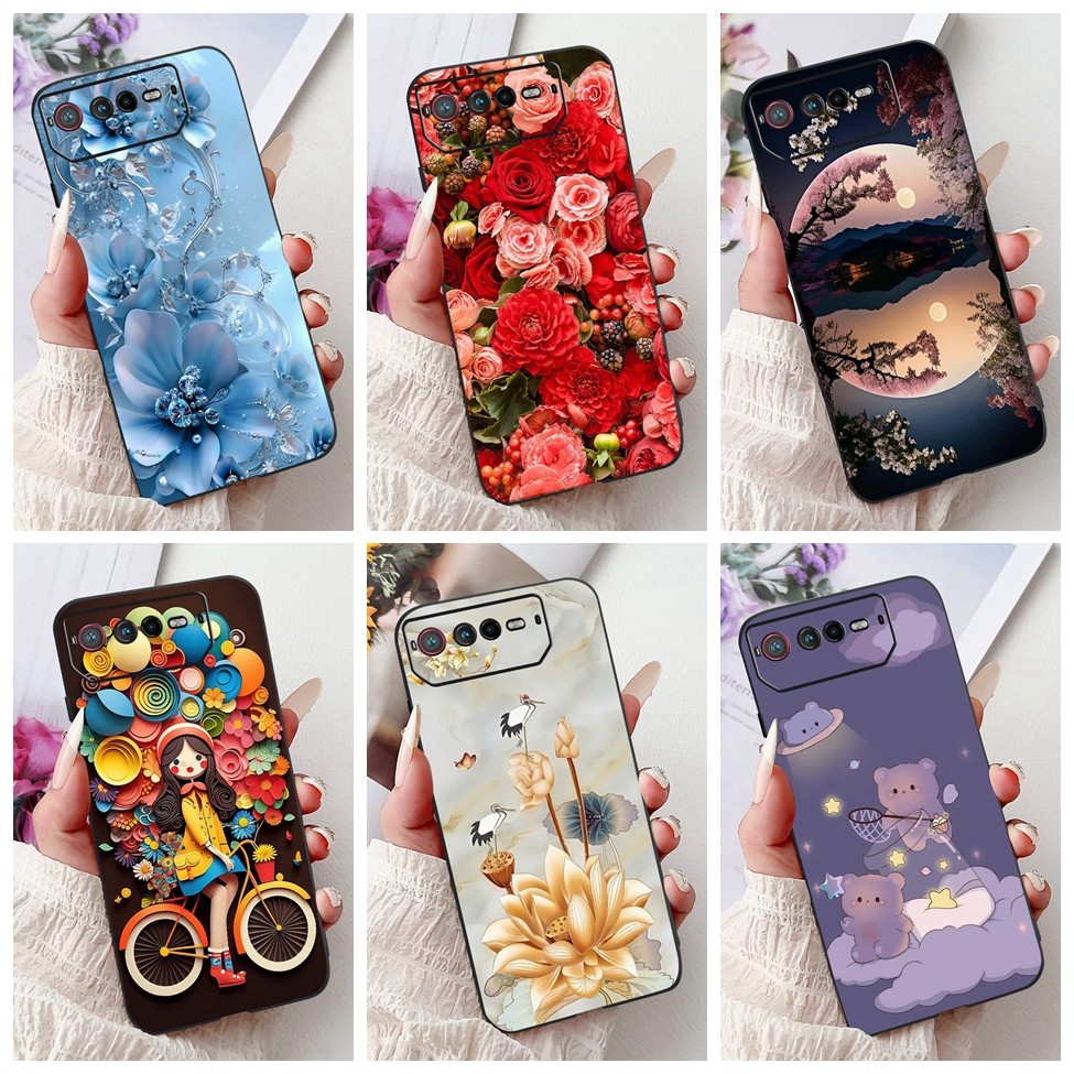 Asus ROG Phone 6 เคสซิลิโคนแมวน่ารักแฟชั่นดอกไม้ตลกทาสีฝาหลัง Asus ROG Phone6 เคสโทรศัพท์