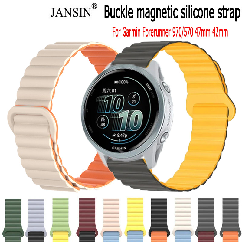สายซิลิโคน สําหรับ Garmin Forerunner 970 570 47mm 42mm สมาร์ทวอท์ชสร้อยข้อมือเปลี่ยนห่วงแม่เหล็กสําหรับ