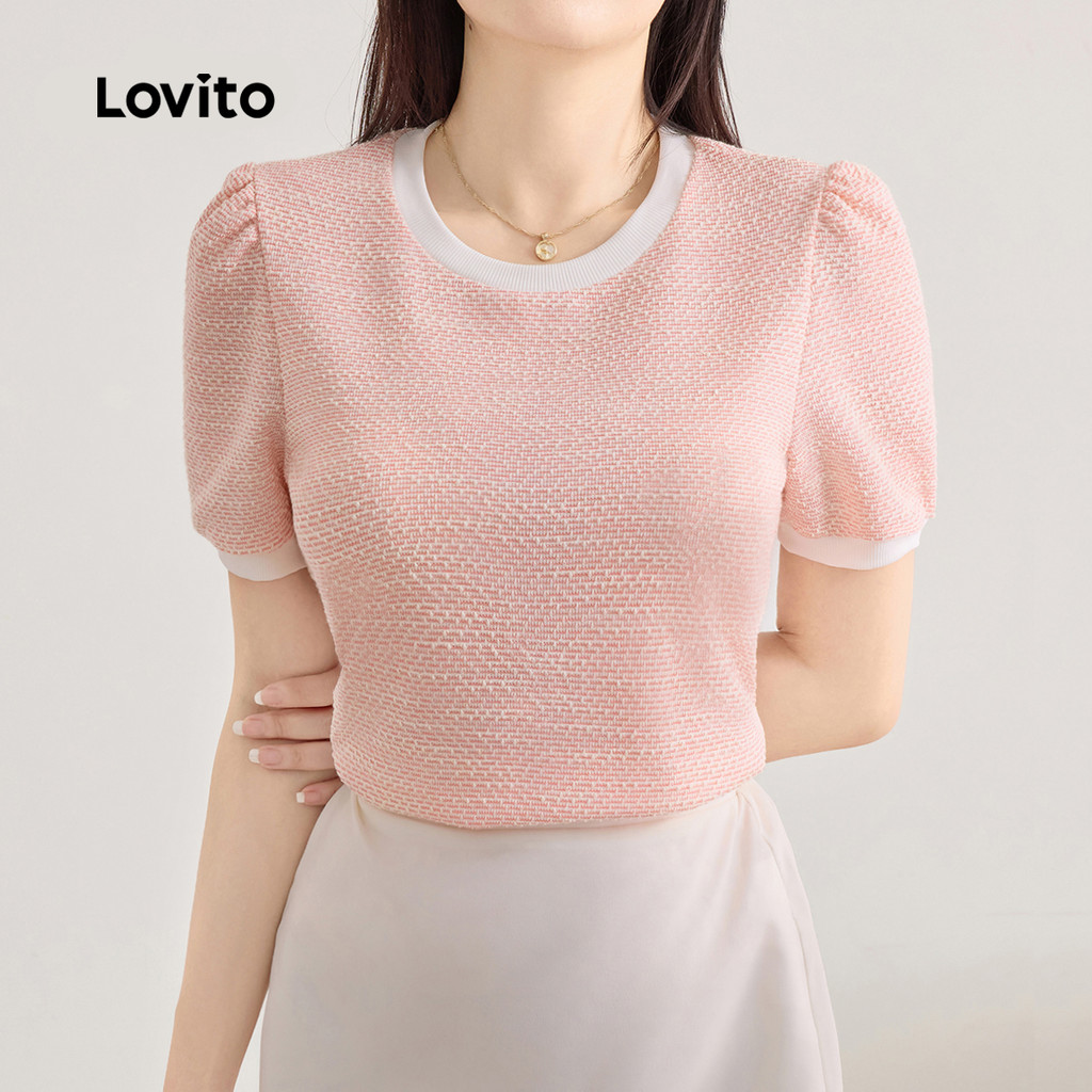 (New) Lovito เสื้อยืดแฟชั่นสีบล็อกหรูหรา ใส่สบายในฤดูใบไม้ผลิ/ฤดูร้อน L143ED015