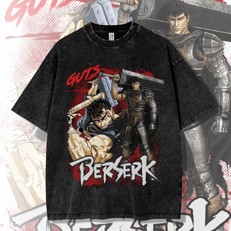 เสื้อยืดผู้ชาย Berserk อะนิเมะ Berserk Gus Griffith หลวมสีดําแขนสั้นเสื้อยืดผู้ชายสตรีทสไตล์ล้างด้านบน