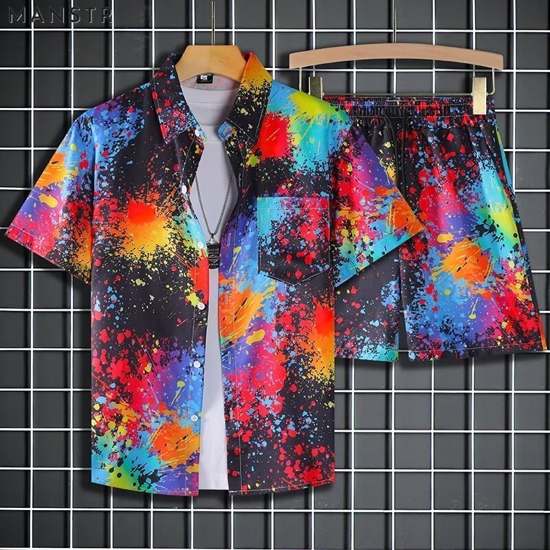 MANSTR ฤดูร้อนผู้ชายชุดเสื้อแห้งเร็วมัดย้อมปกวันหยุดชายหาดสไตล์ 2 ชิ้นเสื้อฮาวายดอกไม้กางเกงขาสั้นชุด