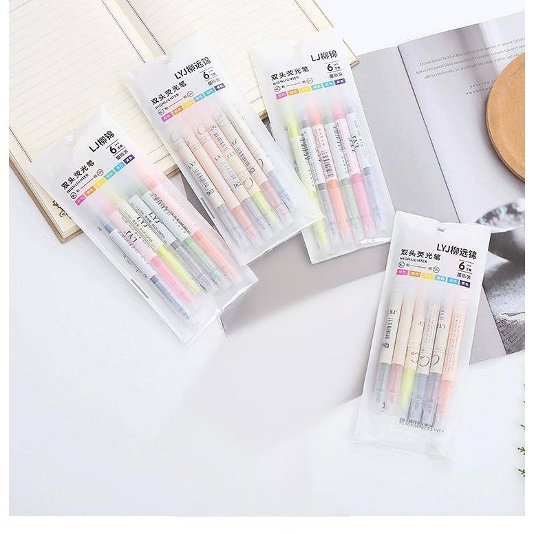 [แพ็ค 6แท่ง] ปากกาไฮไลท์ 2 ด้าน ✔️พร้อมส่ง ปากกาไฮไลท์สีพาสเทล 2หัว ราคาส่ง ปากกาเน้นข้อความ