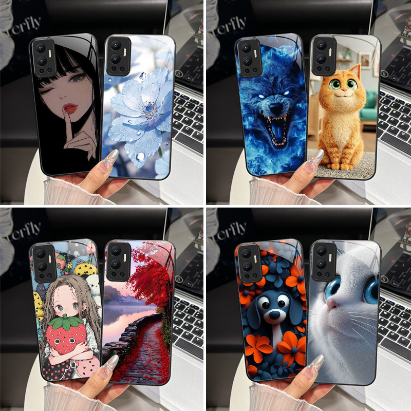 สําหรับ Infinix Hot 12 แมวน่ารัก Cool Girl เคสโทรศัพท์ Hot12 X6817 X6817B เลนส์ป้องกันกระจกเทมเปอร์ป