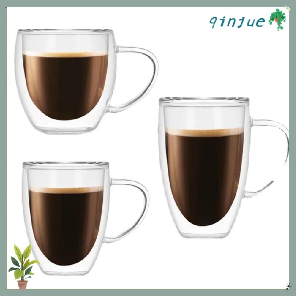 QINJUE 250ml/350ml/450ml ถ้วยกาแฟโปร่งใส, Drinkware ทนความร้อนถ้วยแก้วสองชั้น,พร้อมที่จับสูง Borosilicate แก้วถ้วยน้ําผลไม้