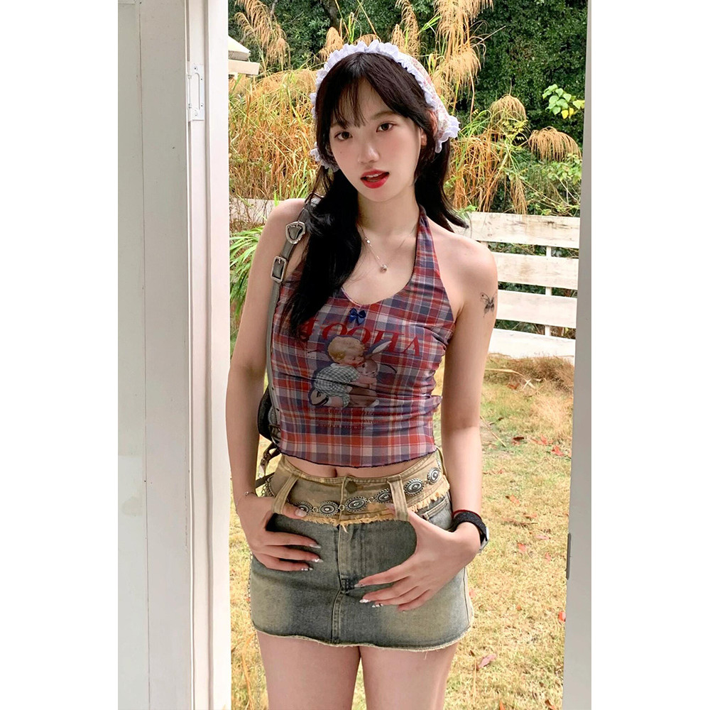 American Style Camisole for Women Summer Plaid Design Halter Neck u Collared Slim Fit Sweet Cool Hot