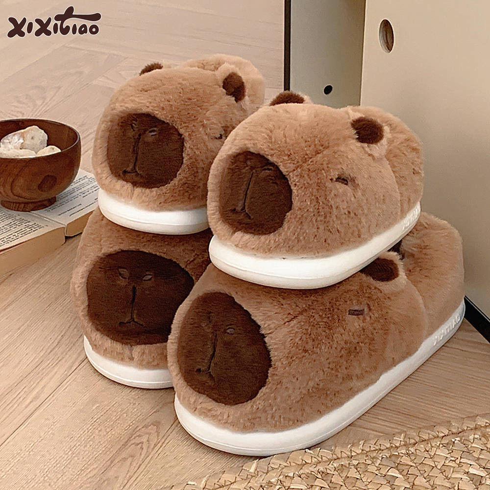 XIXITIAO น่ารัก Kapibara รองเท้าผ้าฝ้ายแม่ลูก 2025 สไตล์ใหม่ฤดูใบไม้ร่วงฤดูหนาวตกแต่งบ้าน