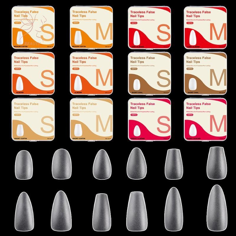 [maybeauty] 100 ชิ้น/กล่องเดี่ยวขนาด Full Cover เคล็ดลับเล็บปลอมกดใสบนปลายต่อเล็บสั้น Trapezoid Rllipse Almond สไตล์ {TH}