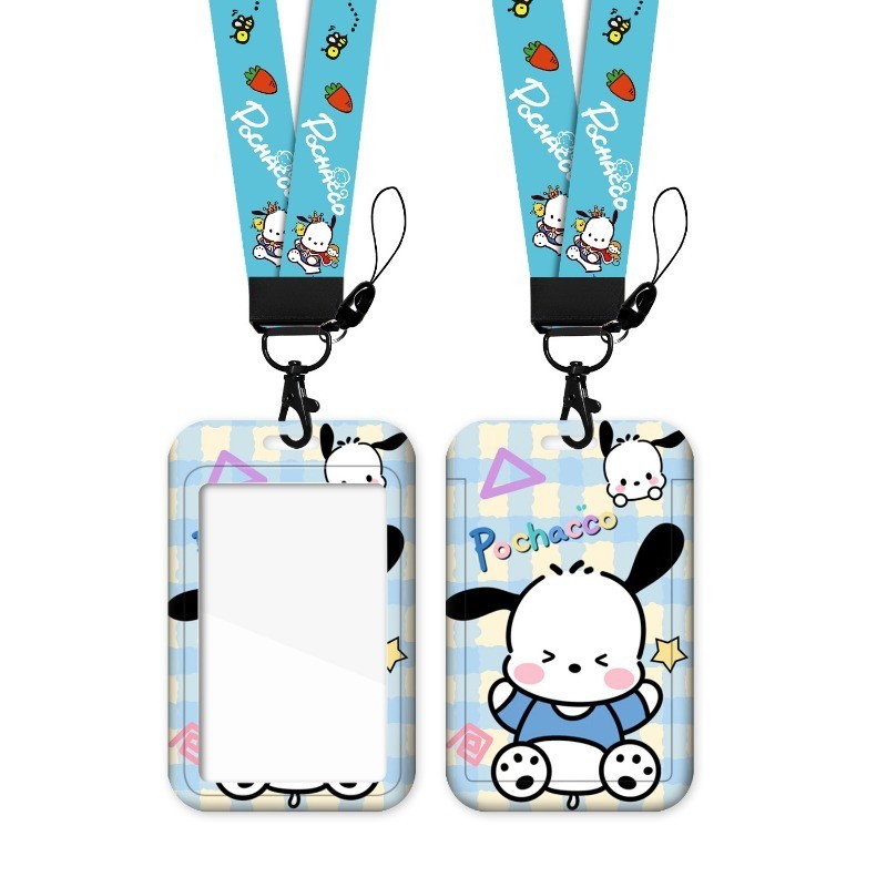 Hello Kitty Kuromi Melody การ์ตูน PVC ผู้ถือบัตร Sanrio อะนิเมะเชือกเส้นเล็ก ID เคสป้องกันแขวนคอ Anti-lost ฝาครอบ