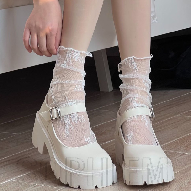 ถุงน่องผ้าไหม Marie Jane - Flower Calf Sox - ระบายอากาศได้, บางเฉียบ, Lace& Ruffles - สําหรับชุดปาร์ตี้ฤดูร้อน - JK, Lolita, Sweet - Medium Tube Sock