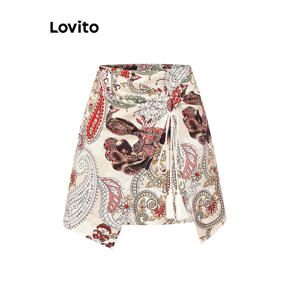 Lovito กระโปรงผู้หญิง ลายเพสลีย์ แต่งพู่ มีลาย ทรงป้ายหน้า สไตล์โบโฮ L92AD992