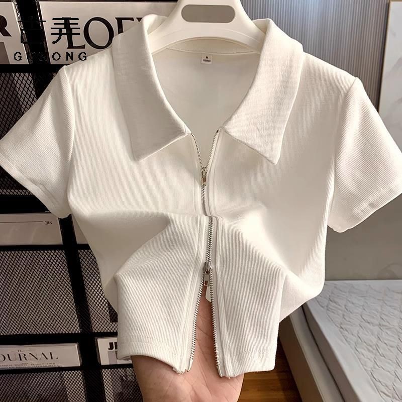 American Summer Front Shoulder Short-Sleeved Womens Double Zipper polo Collar Slim-fit All-match Small Short Top T