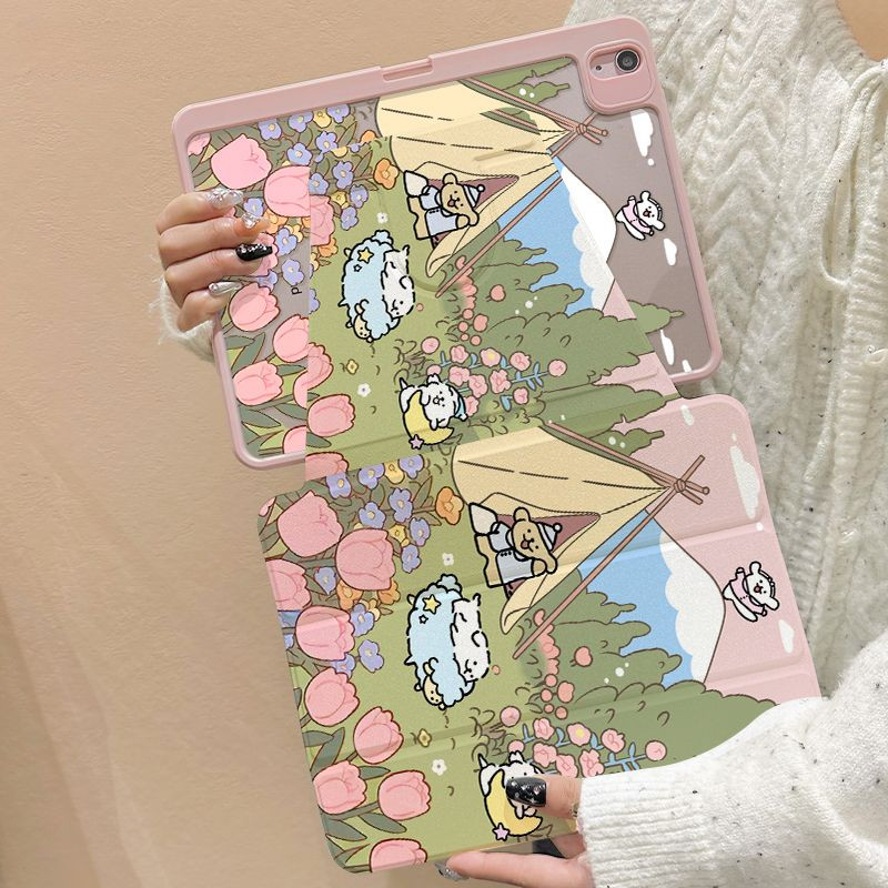 เคส Ipad 360 ° Rotationcamping Dog พร้อมที่วางปากกาเหมาะสําหรับอะคริลิค iPad Air6 Gen7/8/9 10.2 Gen5/6 9.7 Air4 Air5 10.9 Pro11 Gen10