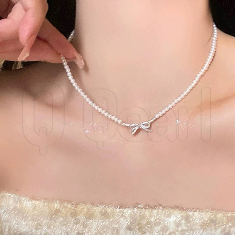 พลอยเทียม โบว์จี้สร้อยคอมุก-โซ่กระดูกไหปลาร้าโบว์สไตล์ฝรั่งเศส-อุปกรณ์เครื่องประดับ-สําหรับสาว-โซ่มุกหรูหราเบาๆ-หวานหรูหราวินเทจอารม