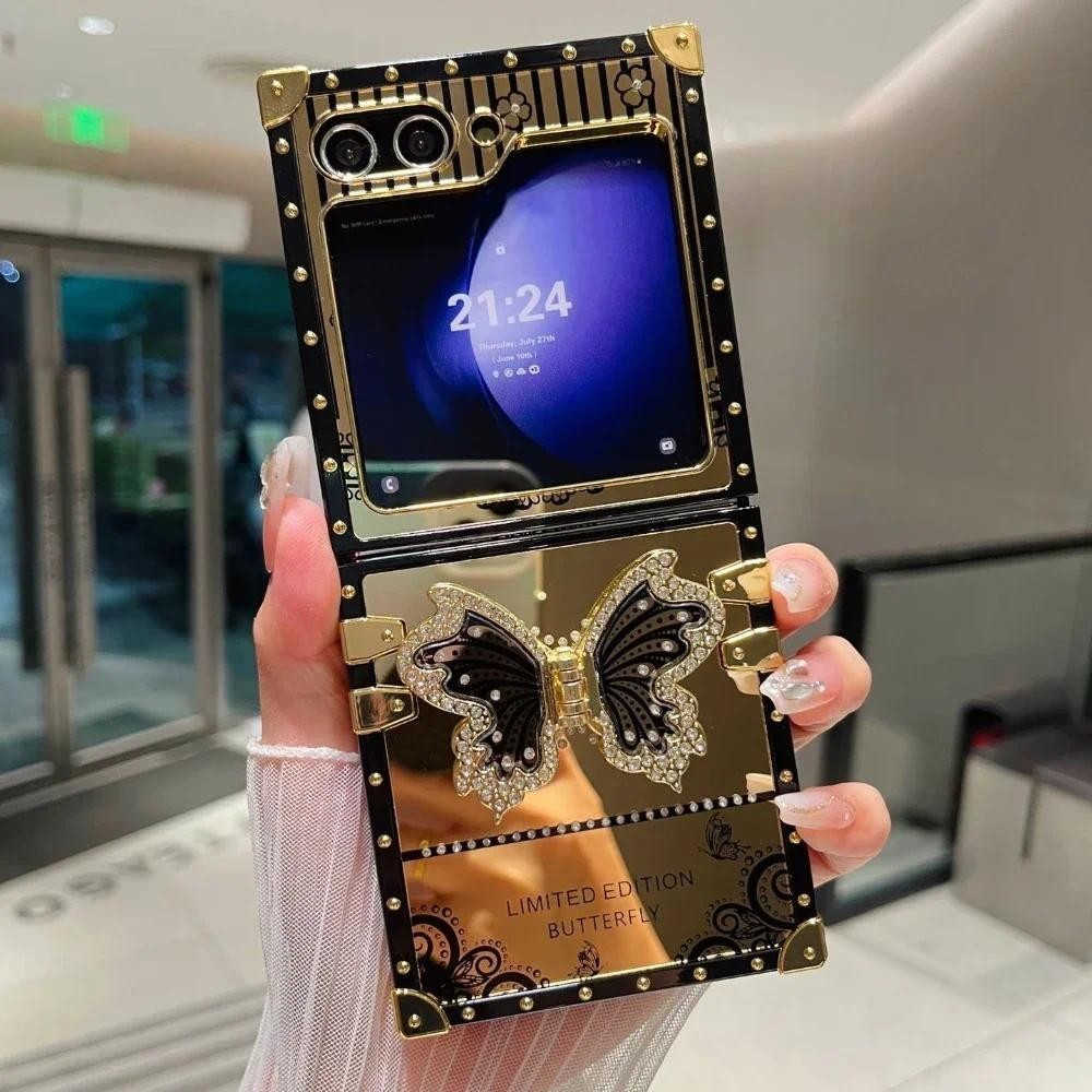 เคสโทรศัพท์ทรงสี่เหลี่ยมน่ารักสําหรับ Samsung Galaxy Z Flip 6 5 4 3 Flip6 Flip5 Flip4 Flip3 5G Luxury Bling Glitter ผีเสื้อฝาครอบ