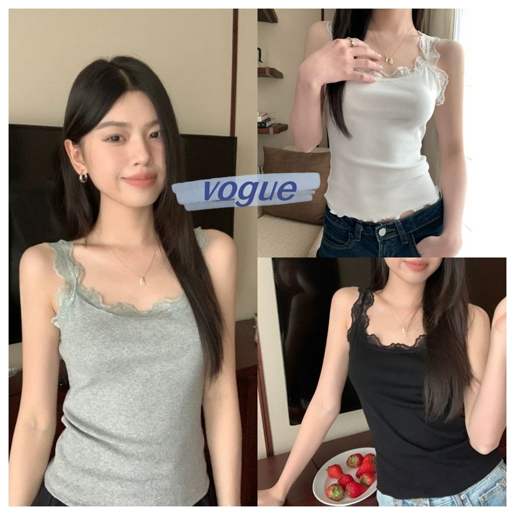 Vogue พร้อมส่ง สายเดี่ย วเซ็กซี่ สีทึบ เสื้อกล้ามผู้หญิงล้ามขอบลูกไม้ คอกลม เซ็กซี่มาก ทรงเข้ารูป (FY1070)