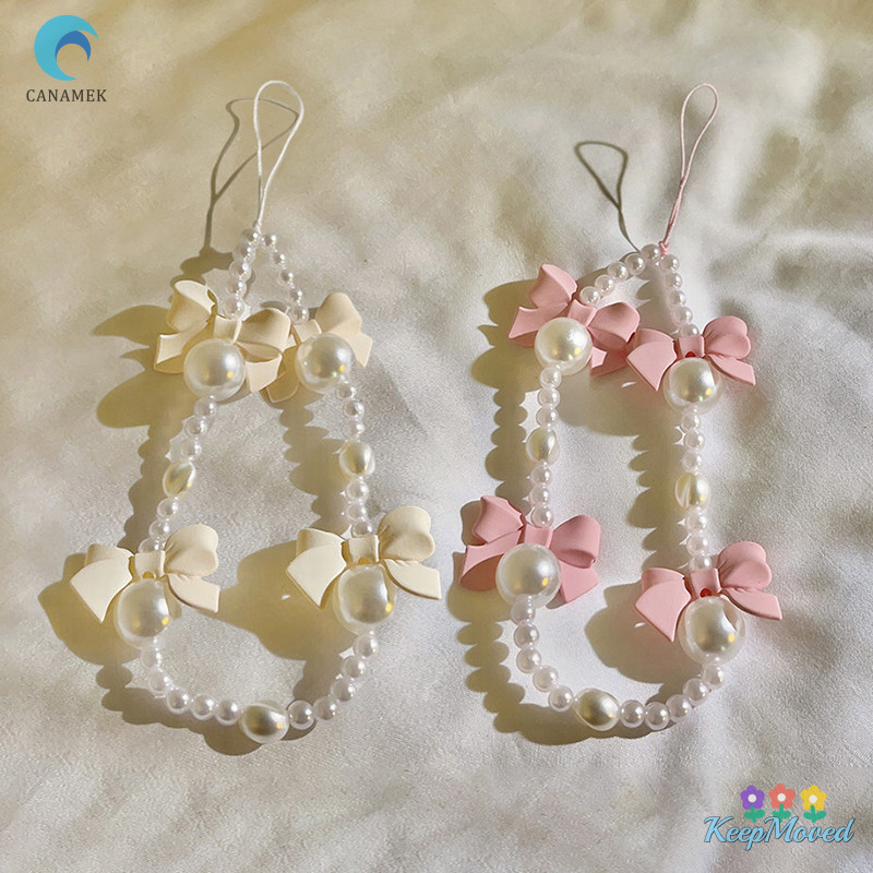 Keepmoved เกาหลี Charm Bow โทรศัพท์มือถือสําหรับผู้หญิงสาวโทรศัพท์ Ch สายคล้องอะคริลิคลูกปัดมุกโทรศัพท์ Lanyard สายคล้องคอใหม่