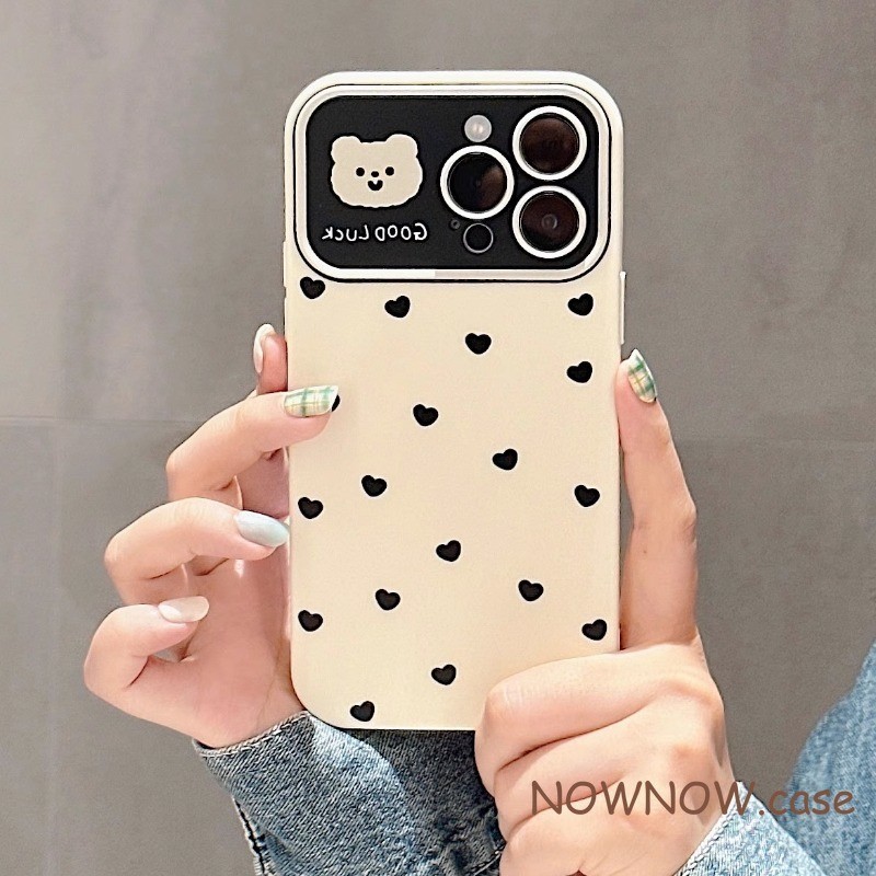 Ins สําหรับ iPhone 15 14 13 12 11 Pro MAX X XR XS MAX 7 8 Plus เคสโทรศัพท์หน้าต่างขนาดใหญ่สีขาวเรียบง่ายพร้อมหมีน้อยน่ารักหัวใจปกอ่อน