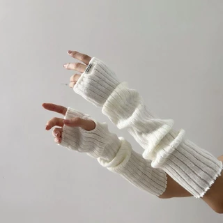 SWEE ถุงมือถัก, Fingerless False Sleeves Long Wrist Gloves, สไตล์ญี่ปุ่นสีดําสีขาวนิ้วมือแขนอุ่นข้อศอก Mittens สําหรับ Y2k Spice Girls
