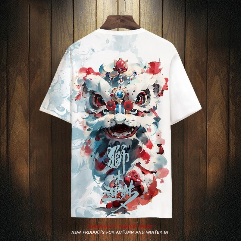 2024ใหม่แขนสั้นผู้ชายขนาดบวกหลวมแห้งเร็วระบายอากาศเสื้อยืดสไตล์จีนแนวโน้มสิงโตเต้นรำพิมพ์แขนสั้น