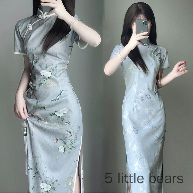 ปรับปรุงcheongsam สไตล์จีนชุดผู้หญิงสไตล์ใหม่แขนสั้นแคบ-เอว Slim-Fit Gent