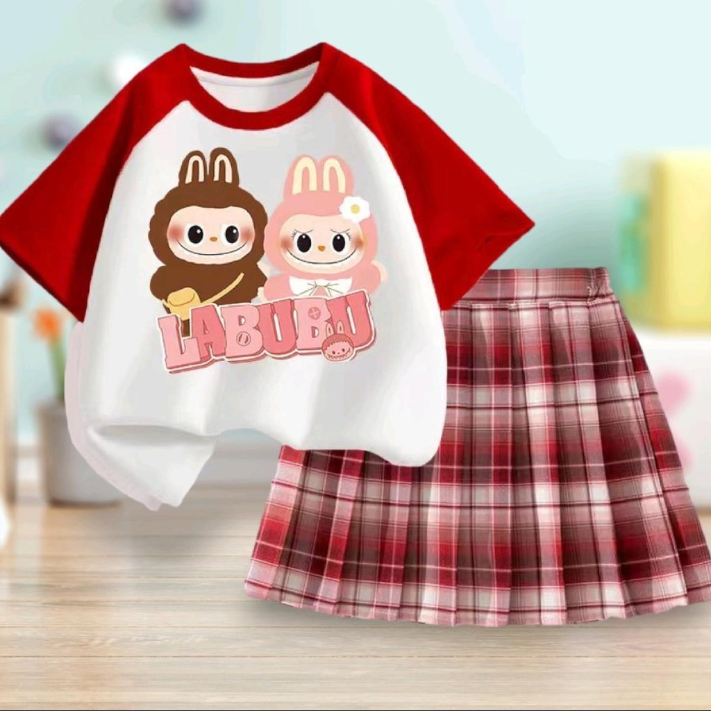 Pinkชุดเซ็ทเด็กลายสุดฮิต เสื้อคอกลม+กระโปรงอัดพลีทลายสก๊อต