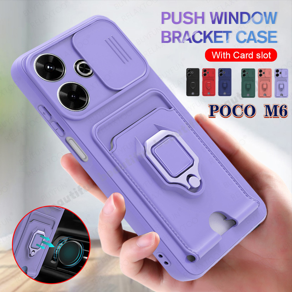 Xiaomi POCO M6 4G 2024 กรณี Push ดึงกล้องปกป้องกันกระแทกสําหรับ POCO M6 Pro 4G แม่เหล็กผู้ถือแหวนการ์ดกระเป๋าฝาครอบโทรศัพท์ PocoM6Pro M6 Pro PocoM6 4G M6 POCO PocoM 6 POCOX6