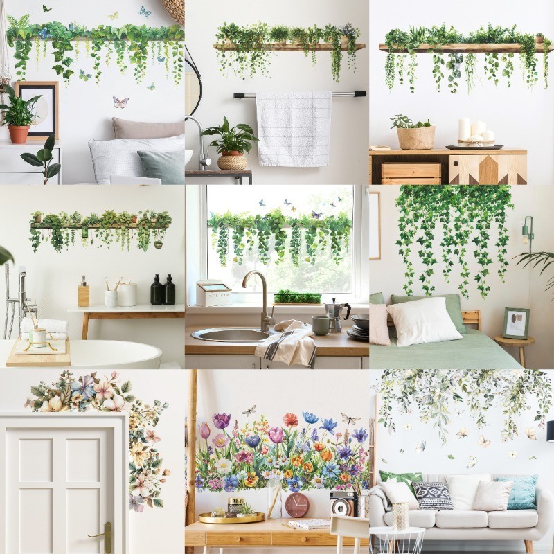 พืชสีเขียวใบผีเสื้อห้องทํางานห้องนั่งเล่นผนังความงามตกแต่งสติ๊กเกอร์ติดผนังที่ถอดออกได้รูปลอก