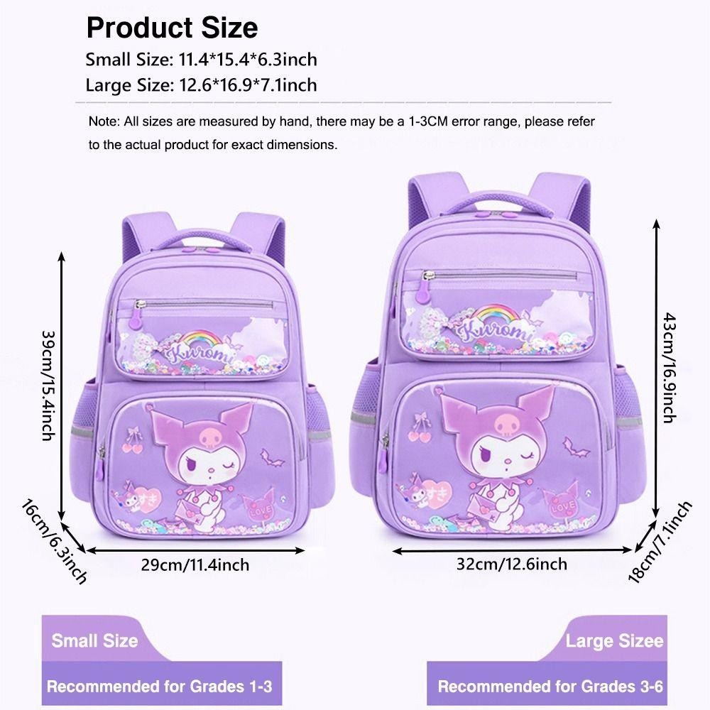 กระเป๋านักเรียน ESTRENAR สําหรับเด็กผู้หญิง, กระเป๋าเป้เด็ก Sanrio Kuromi, กระเป๋าเป้นักเรียนหญิงวัยรุ่นการ์ตูนน้ําหนักเบาสําหรับนักเรียนชั้นประถมศึกษาอนุบาล