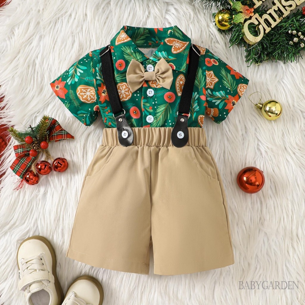 Baga-6month-5years Baby Boy Christmas Clothes Set/Bow Tie Santa Hat/Ball/Bruff Man Short Sleeve Lapel Neck Shirt and Overall Shorts Kids Outfit