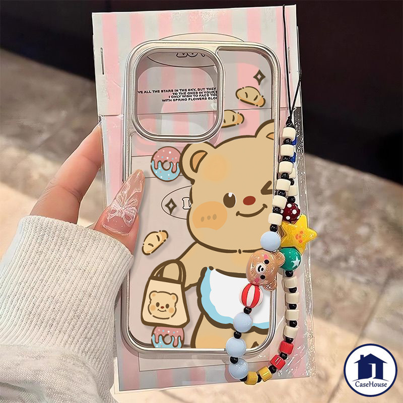 เคสนิ่มชุบใสลายหมีขนมปังเนยน่ารัก ผูกโบว์ เข้ากันได้กับ iPhone 7 8 Plus 11 13 12 15 14 Pro Max XR X 13 14 Pro XS MAX SE
