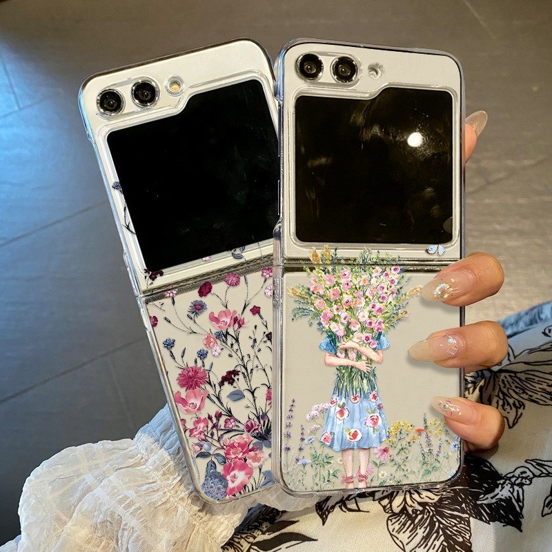Hand Bouquet รูปแบบสาวสําหรับโทรศัพท์ Samsung Galaxy Z Flip 6 Z Flip 5 4 3 ซิลิโคนกันกระแทก Soft TPU ฝาหลังพับชุดสองชิ้นกรณี
