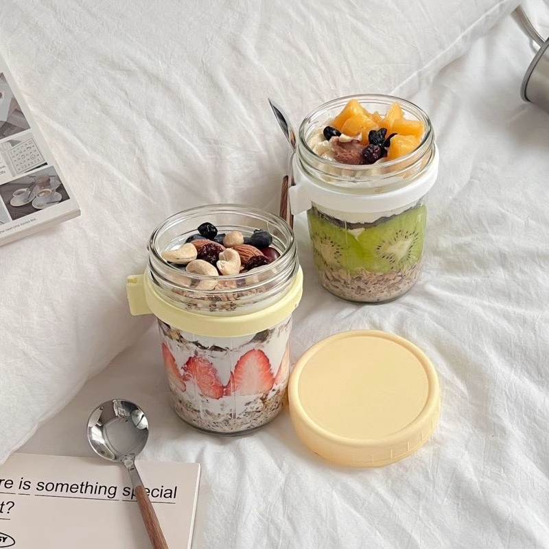 ถ้วยข้าวโอ๊ต แก้วอาหารเช้า 350ml แก้วปิดผนึกแบบพกพา มีฝาปิดและช้อน Light Eating ถ้วยกาแฟอาหารเช้าพร้อมช้อนฝา