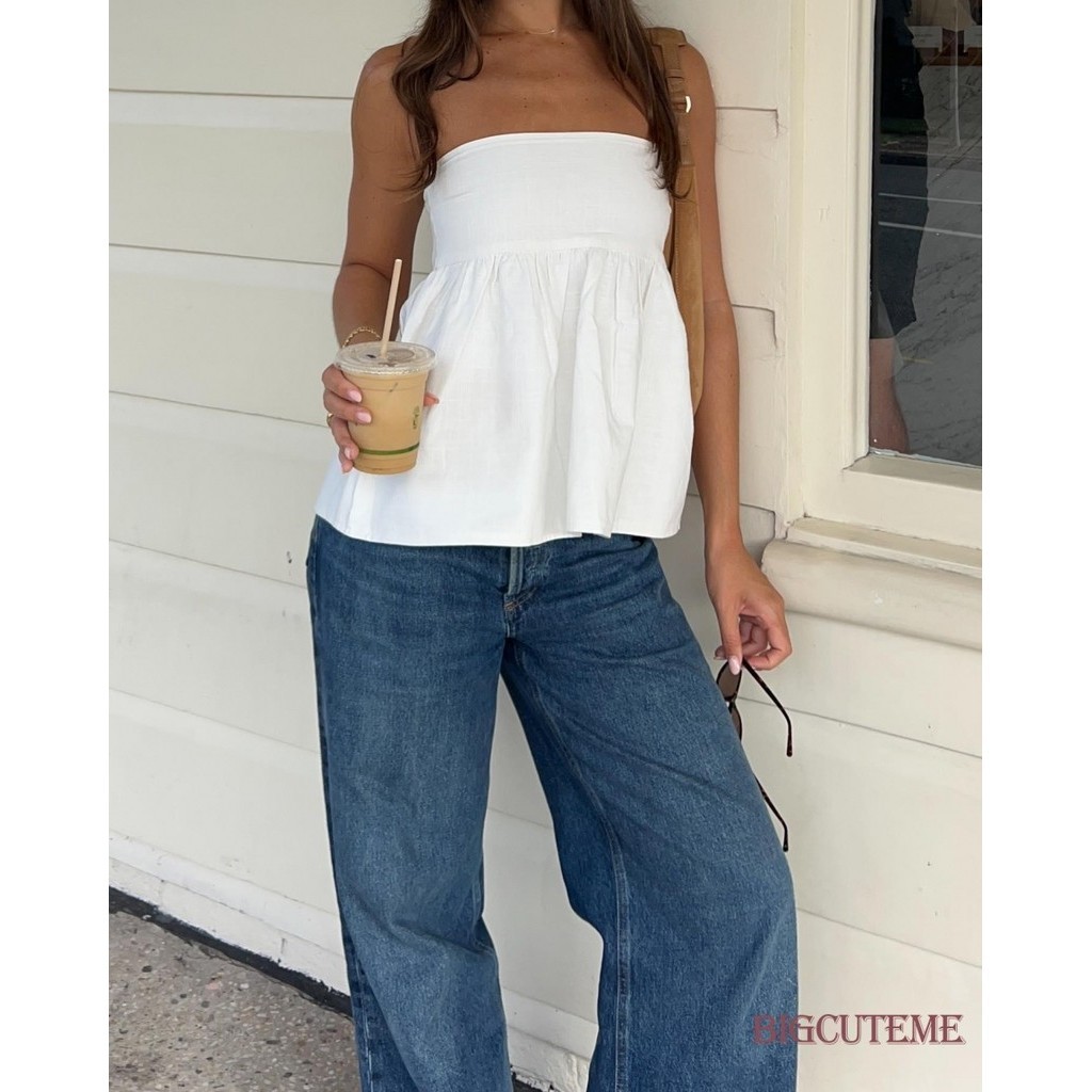 []-ผู้หญิงปิดไหล่ Strechable Pure Color A-Line Loose Hem Tube Tops