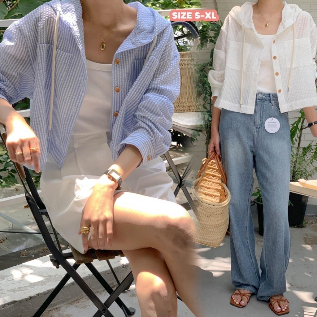 mimi&didi#เสื้อเชิ้ตลายทางคลุมด้วยผ้า เสื้อครอป แขนยาว กันแดด สำหรับผู้หญิง เกาหลีใต้ เรียบหรู กระดุมแถวเดียว#W441