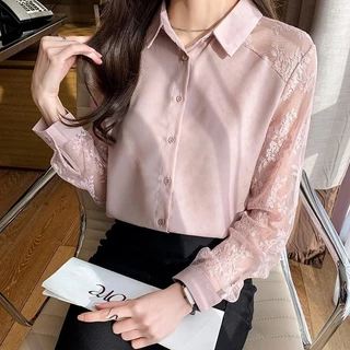 Dahong ❤️ เสื้อเชิ้ต ลูกไม้ เย็บ แขนยาว สไตล์ใหม่ สำหรับผู้หญิง สไตล์เกาหลี เสื้อเชิ้ตใส่ทำงานสำหรับผู้หญิง w449