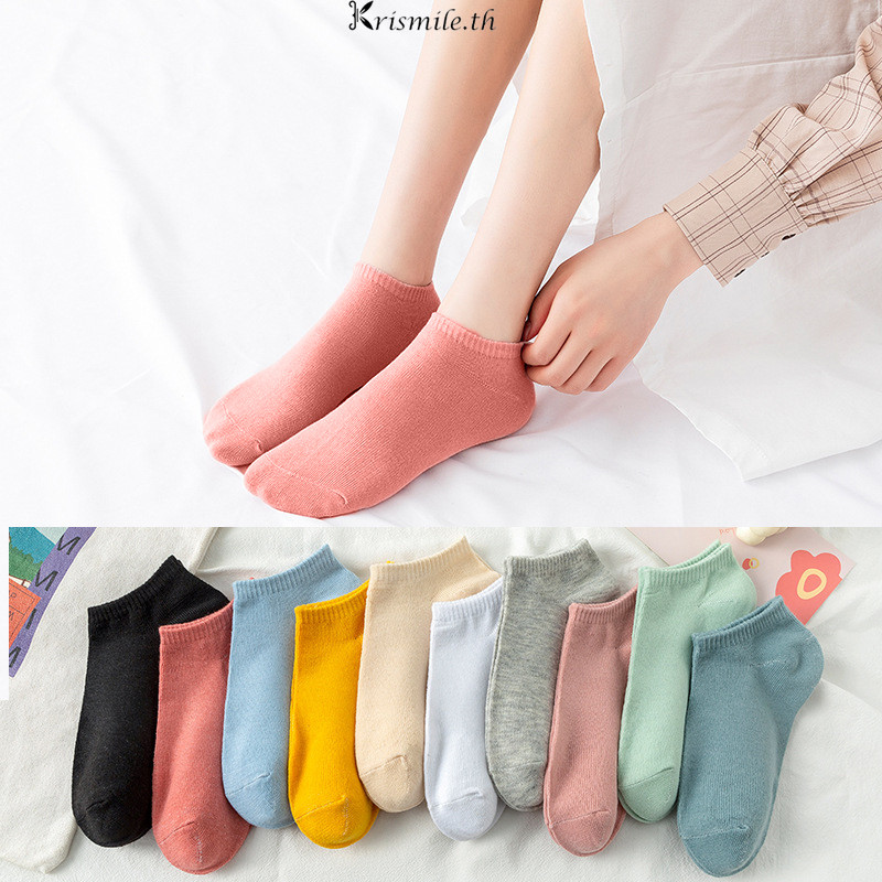 COD-ในไทย💖ผู้หญิงถุงเท้าที่มองไม่เห็นถุงเท้าผ้าฝ้ายโพลีเอสเตอร์ด้านบนต่ำถุงเท้าเรือสีทึบ-Kri