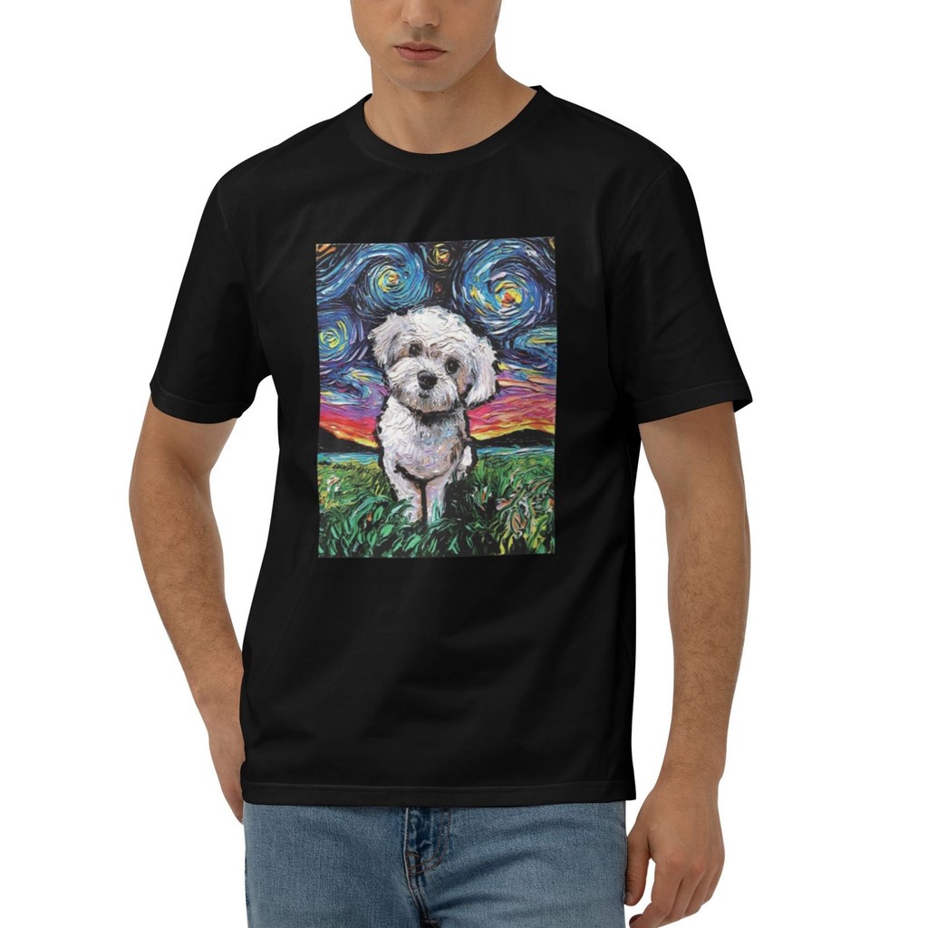 Maltipoo Starry Night White Maltes Poodle Dog Art By Aja Novelty ManS Tshirt ผ้าฝ้ายใหม่