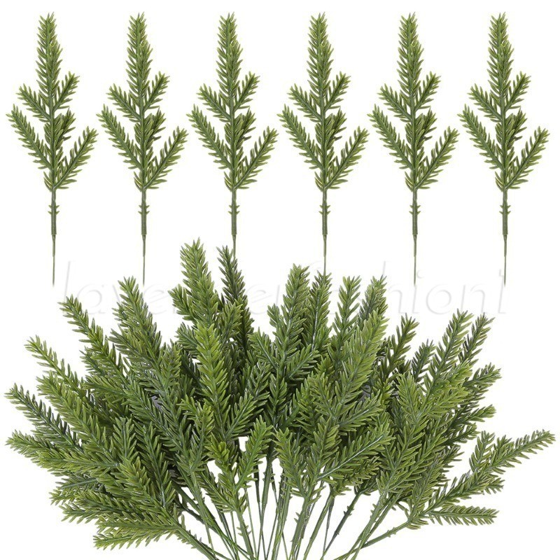 สาขาเข็มสนประดิษฐ์ 7 ส้อม - ใบสนพืชสีเขียว - ตกแต่งกล่องของขวัญพวงหรีด DIY - เครื่องประดับต้นคริสต์มาส - อุปกรณ์ปาร์ตี้ปีใหม่คริสต์มาส