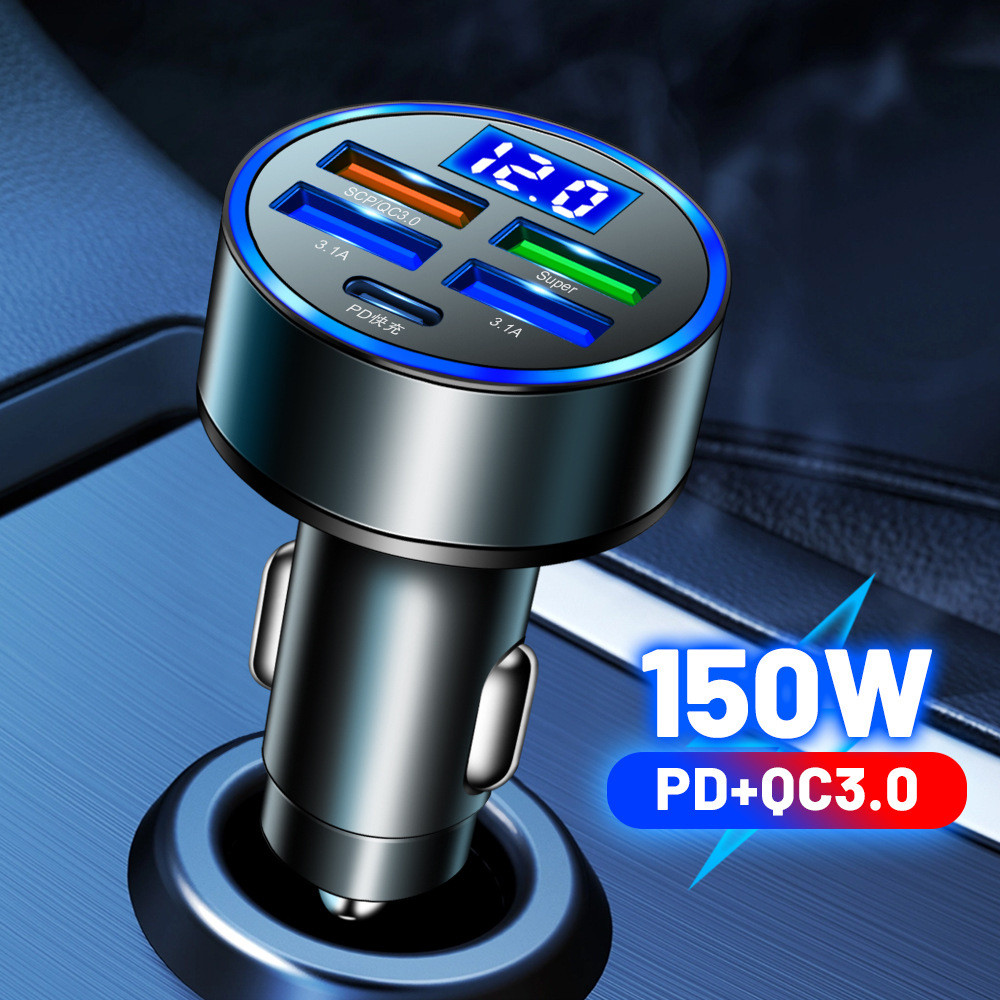 Pd+qc3.0 ที่ชาร์จแบตในรถ - สถานีชาร์จเร็ว 150W - เครื่องชาร์จที่ซ่อนอยู่ขนาดเล็ก 5 พอร์ต - อะแดปเตอร์จอแสดงผลดิจิตอล LED - สําหรับปลั๊กไฟ 12-24V