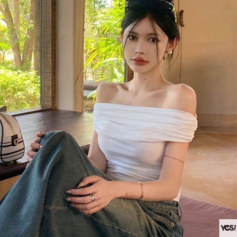 เสื้อยืดแขนสั้นปิดไหล่ผู้หญิงเอว Retraction จีบด้านบน Slim FITTING เสื้อสั้น YES
