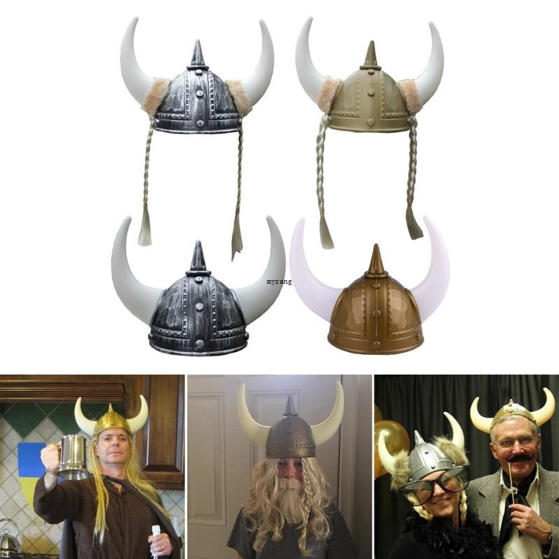 หมวกกันน็อคไวกิ้งสําหรับผู้ใหญ่พร้อมแตรสําหรับ VikingTheme Party คอสเพลย์อัศวินนักรบหมวก
