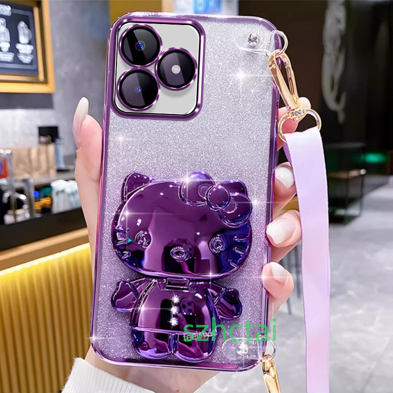 เคสโทรศัพท์ แวววาว Realme C67 C61 C63 Note 50 12 C65 C55 C53 C51 C12 C15 C25 C25S C21Y C25Y C30 C30S C35 C11 2021 8 5 5i 5S 6i 7i C17 9 PRO PLUS 10 11 12 PRO+ 4G 5G สายรัดข้อมือยาวสไตล์เคสโทรศัพท์แบบนุ่มปลอก วงเล็บคิตตี้เฮลโล พร้อมกระจก เคส