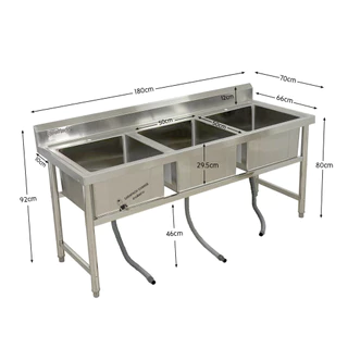 ซิงค์ล้างจานสแตนเลส พร้อมที่คว่ำจาน อ่างล้างจาน3หลุม 180x70x80cm Triple Bowl Kitchen Sink SK180-70-ST483